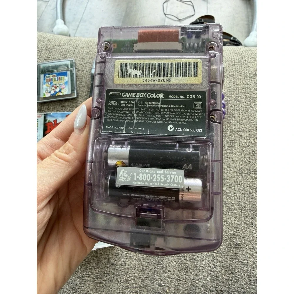 Nintendo Game Boy Color Atomic Purple Console Lot w/ Games & Worm Light- WORKING